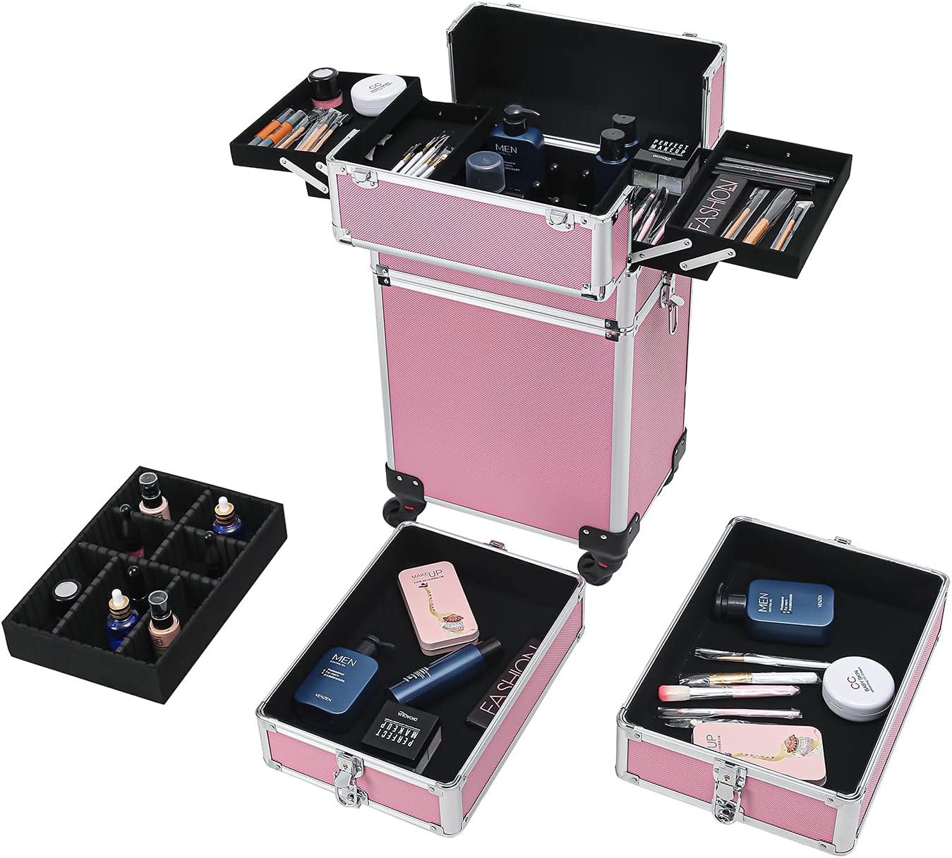 Makeup Box Train Case,4-in-1 Draw-Bar Style Interchangeable Aluminum Rolling Makeup Case, Portable Storage Bag Cosmetic Organizer for Cosmetic Brush Toiletries Travel Accessories (Pink)