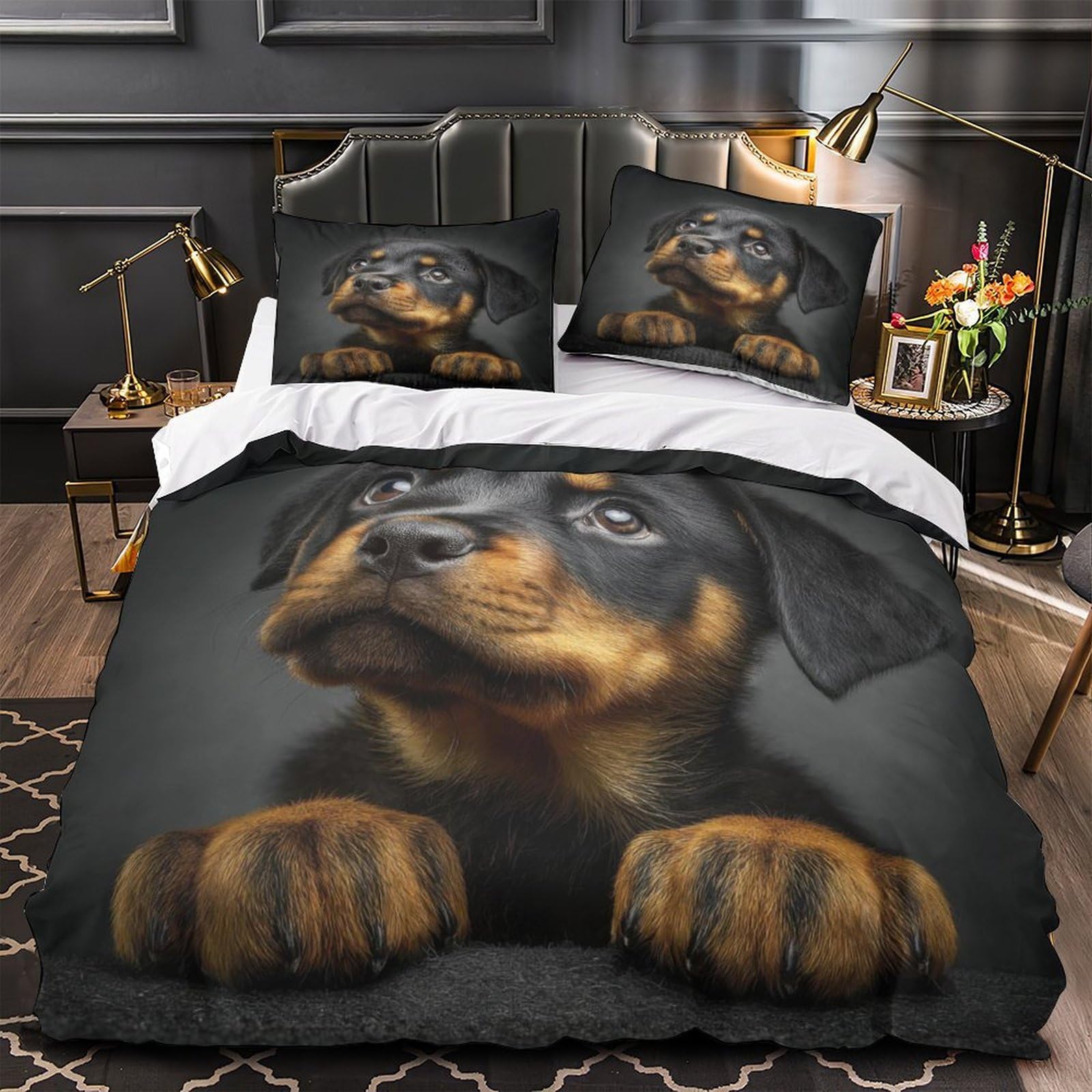 Housse de couette chiots mignons anti-plis parure de lit zippée 260x220 en microfibre douce