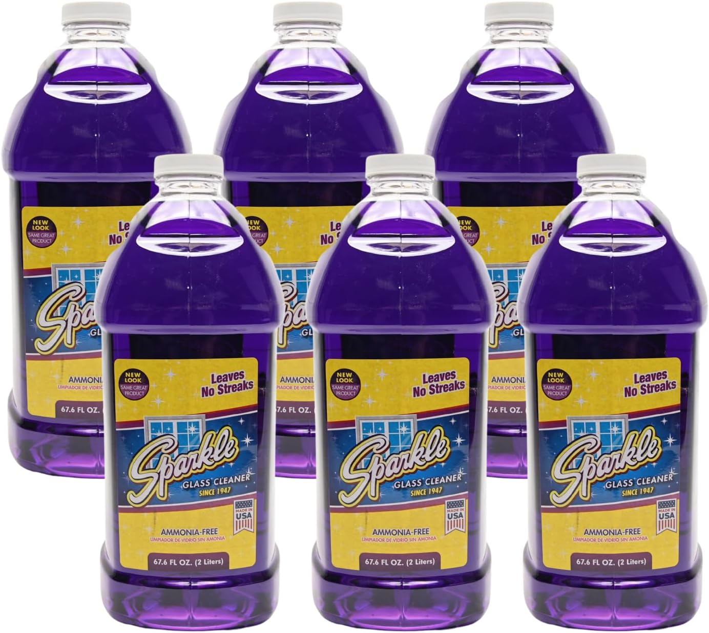 Sparkle Ammonia-Free Glass Cleaner Refill, Heavy Duty Streak-Free Window & Mirror Cleaner Spray, Original Formula, 2L Bottle (Pack of 6)