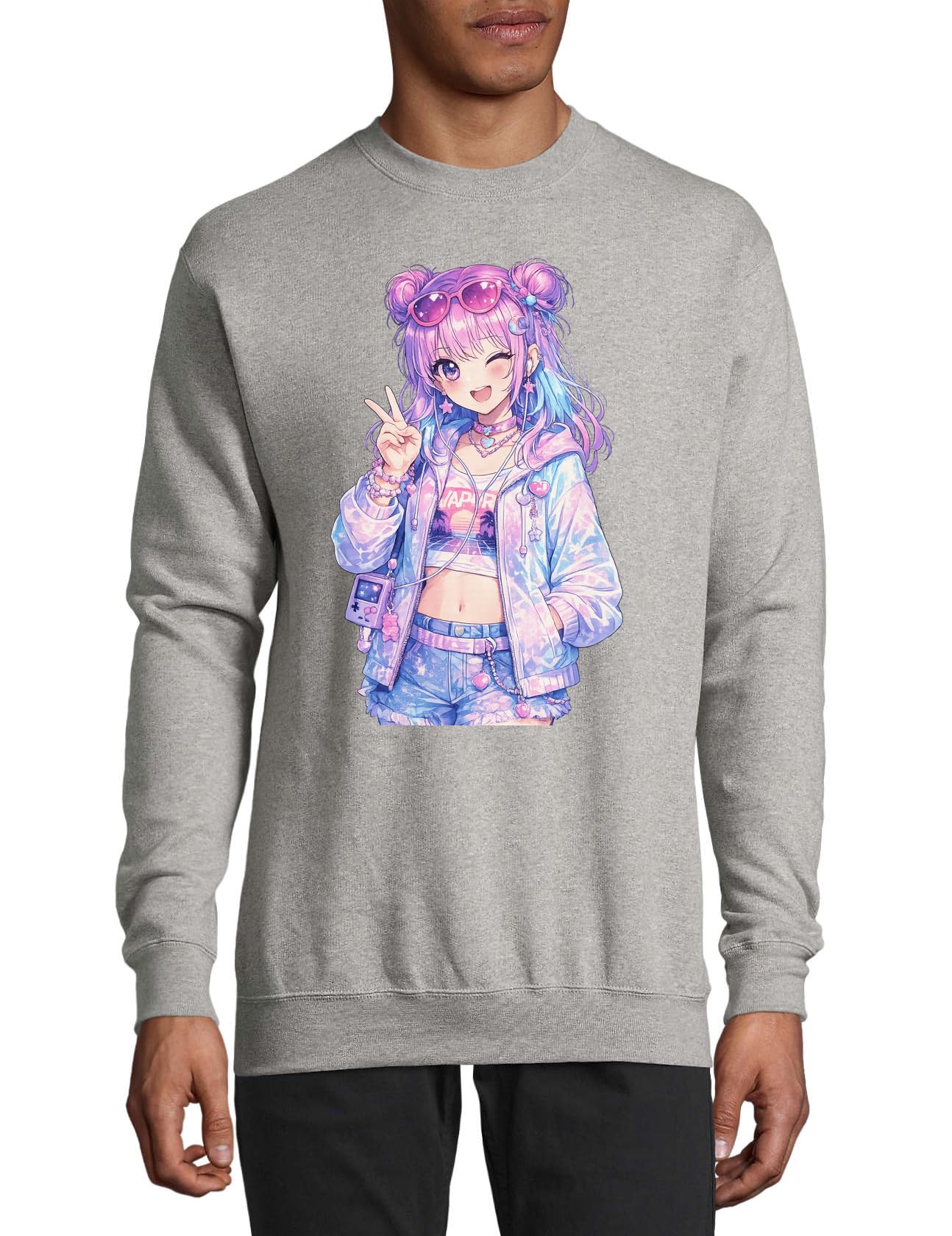 Lebendiger Anime-Pullover für Mädchen in Pastellfarben, Baumwollpullover, Sweatshirt, Pullover, grau
