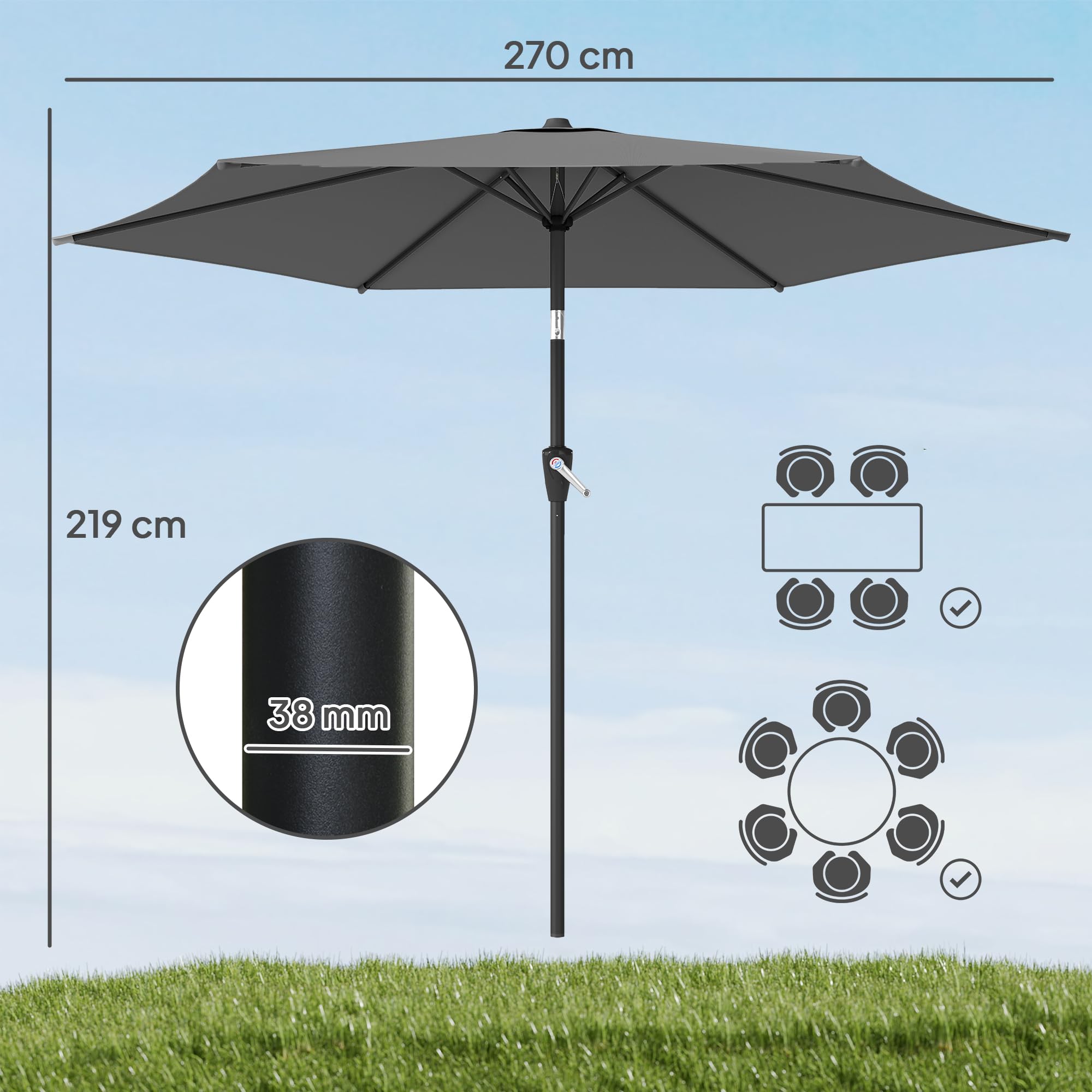 Outsunny Parasol Ø270 cm Regulowany Balkonowy z Korbką UV 50+ Ogrodowy Stabilny Markiz Przeciwsłoneczny na Taras Balkon Ciemnoszary