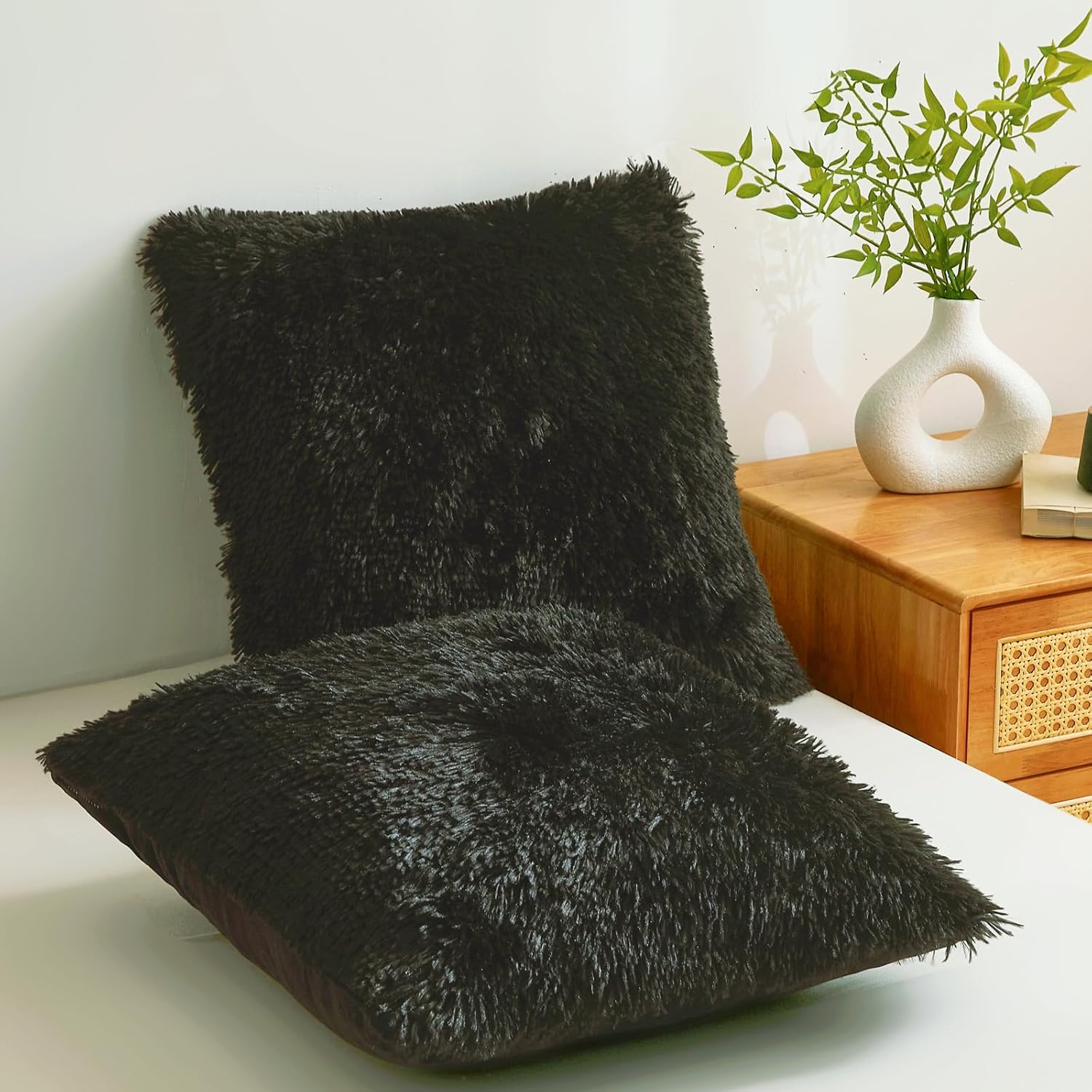 Plush Throw Pillow Covers Black 18"x18" Faux Fur Furry Cushion Covers Shaggy Fuzzy Fluffy Pillow Cases Decorative Pillow Shams with Zipper Set of 2 for Sofa Living Room Bedroom Interior - Image 3