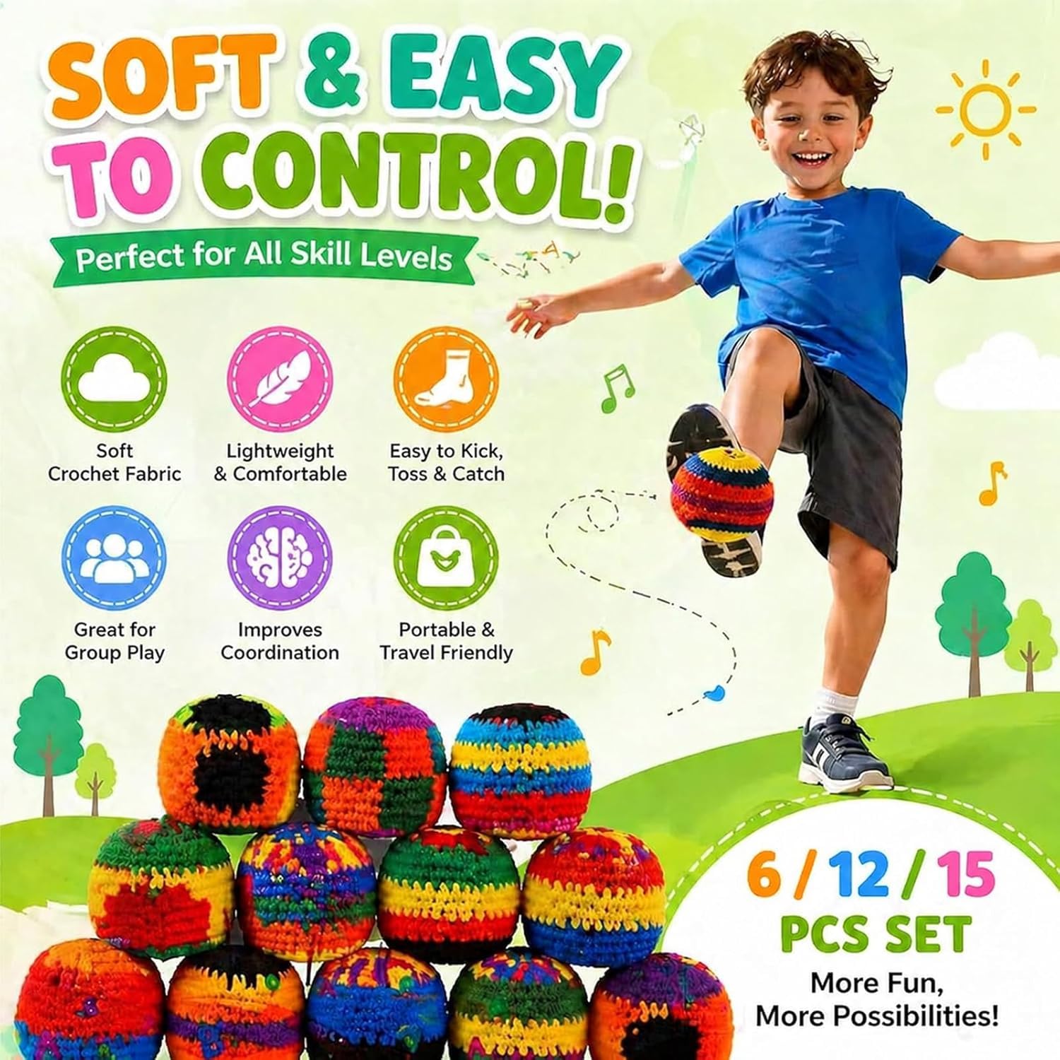 Balles de Frappe Tricotées Ensemble 6/12/18 Sacs de Pieds au Crochet pour Enfants Adultes Jeux Plein Air