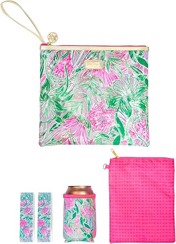 Lilly Pulitzer Bolsa de vinilo resistente al agua, bolsa con cremallera que incluye soporte para bebidas, bolsa pequeña y clips para toallas