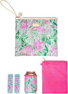 Water Resistant Vinyl Beach Day Pouch, Zipper Bag Includes Drink Hugger, Small Pouch, and Towel Clips
