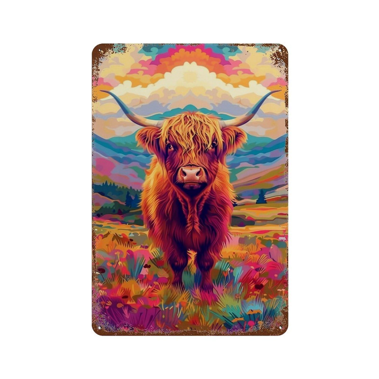 Garage Style Colorful Highland Cow Art Print Distressed Metal Wall Sign 11.8"x7.9", Retro Wall Decor for Bar And Workshop