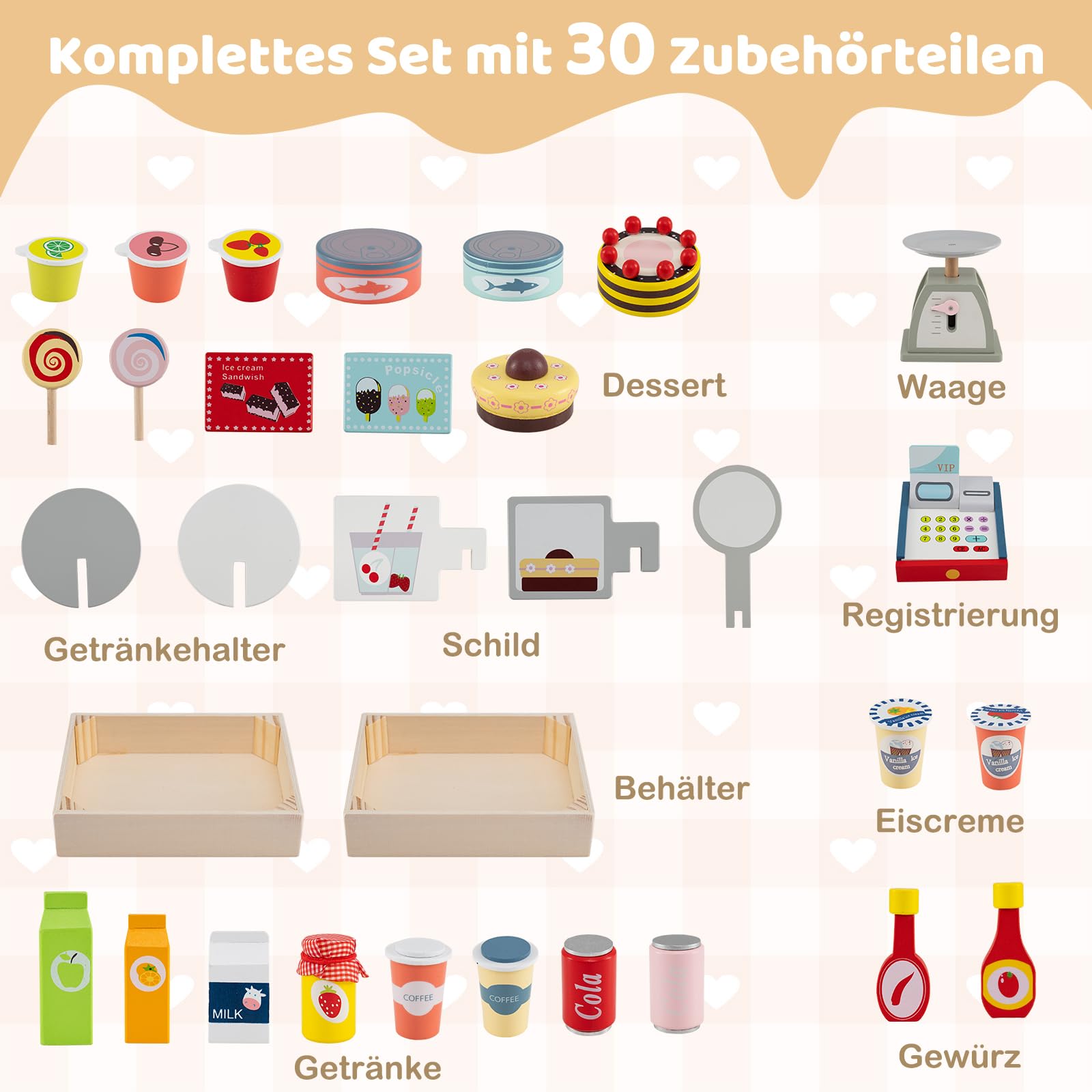 DREAMADE Kaufladen aus Holz, Kaufmannsladen mit 30 Zubehörteilen, Verkaufswagen mit 3 Rädern, Schiebegriff & Baldachin, Spielset Rollenspiele für Kinder ab 3 Jahren (Grau)