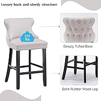 Vista 4 de Rhomtree Taburetes de bar tapizados de terciopelo modernos de 27 pulgadas con patas de madera, botón acolchonado, cabeza de clavo cromada, taburetes