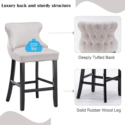 Miniatura 4 de Rhomtree Taburetes de bar tapizados de terciopelo modernos de 27 pulgadas con patas de madera, botón acolchonado, cabeza de clavo cromada, taburetes
