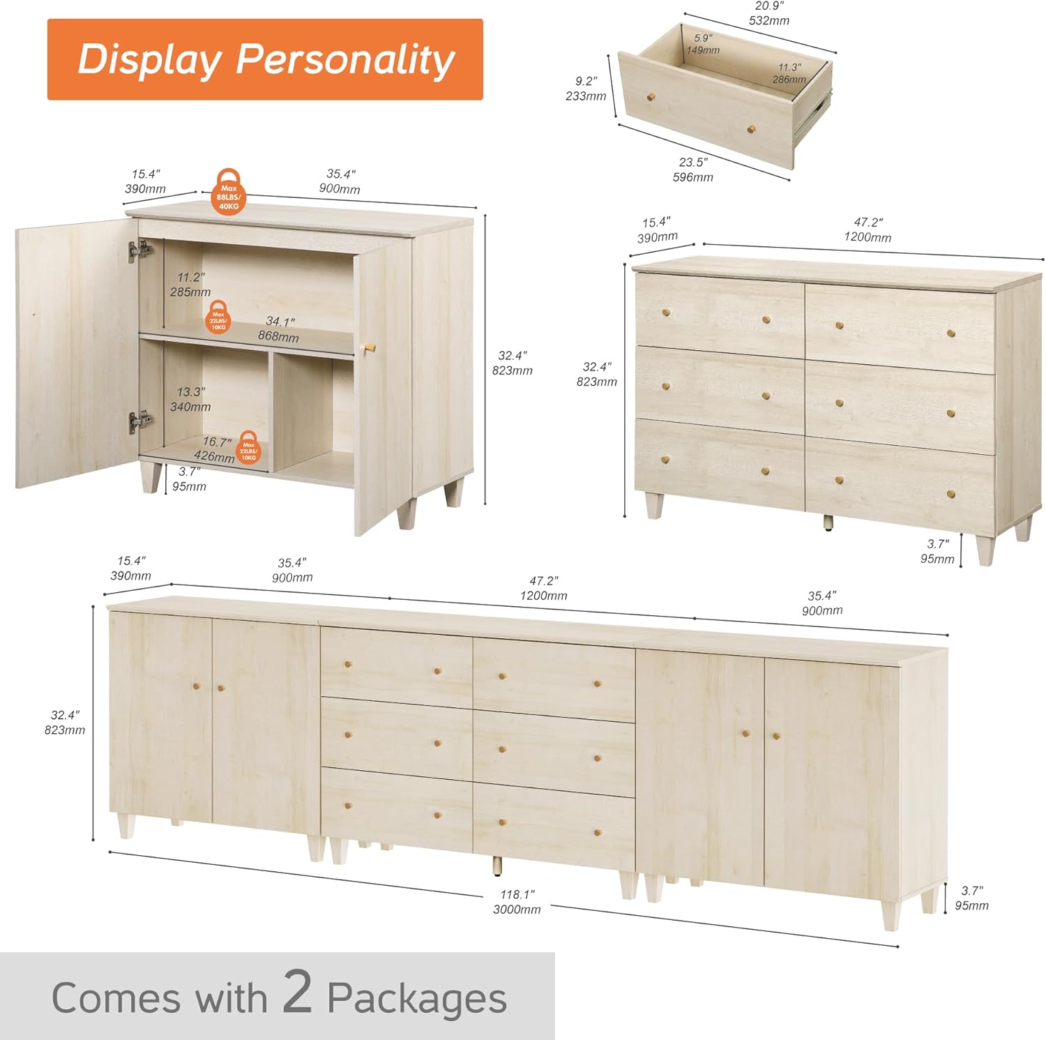 Diagram showing dimensions and components of the WAMPAT TV stand