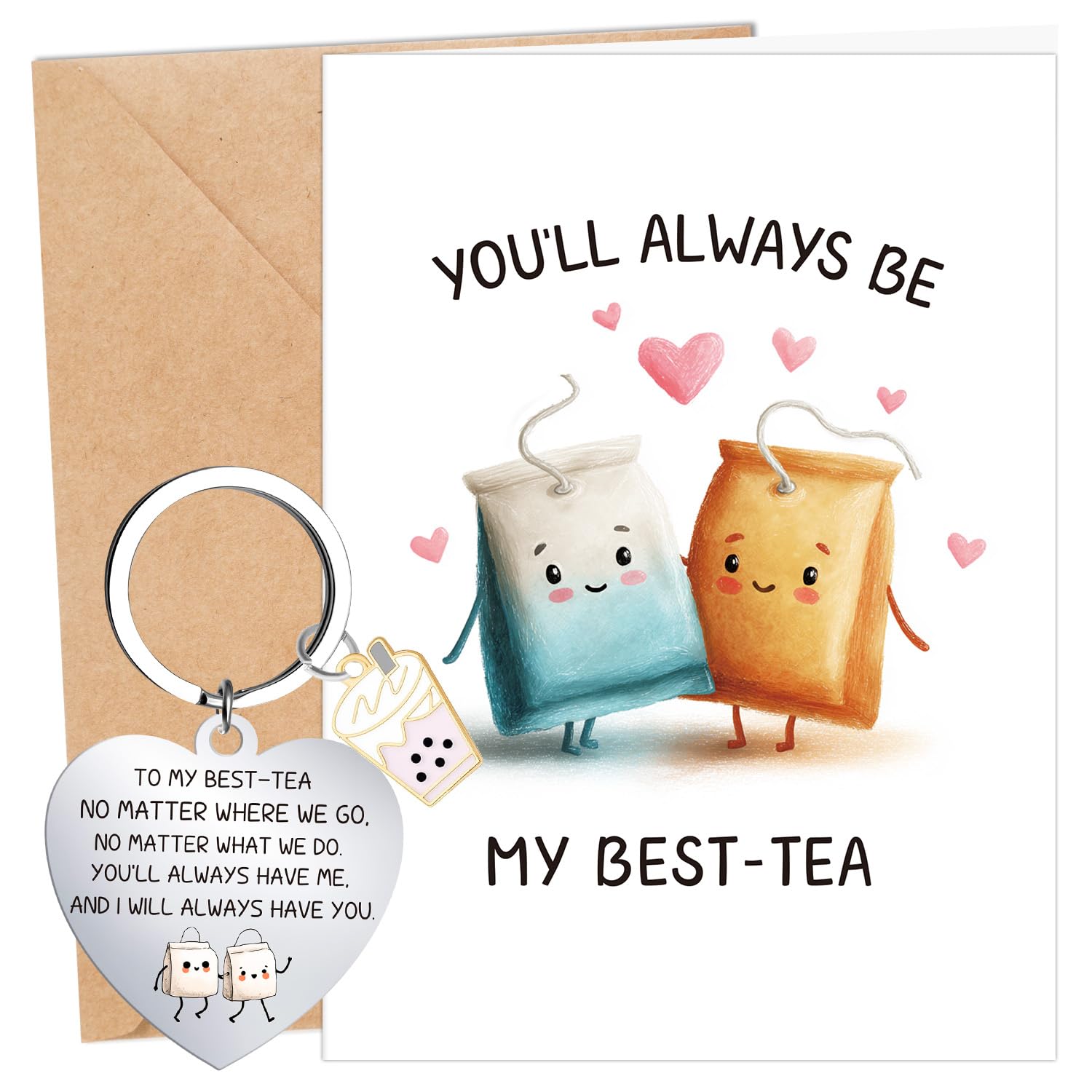 Eiapadeor Best Tea Gifts Set - Bestie Good Friend Card with Keyring for Friends Office Colleagues Female Women Men Coworker Friendship Gift for Birthday Christmas Thank You Graduation — image 1