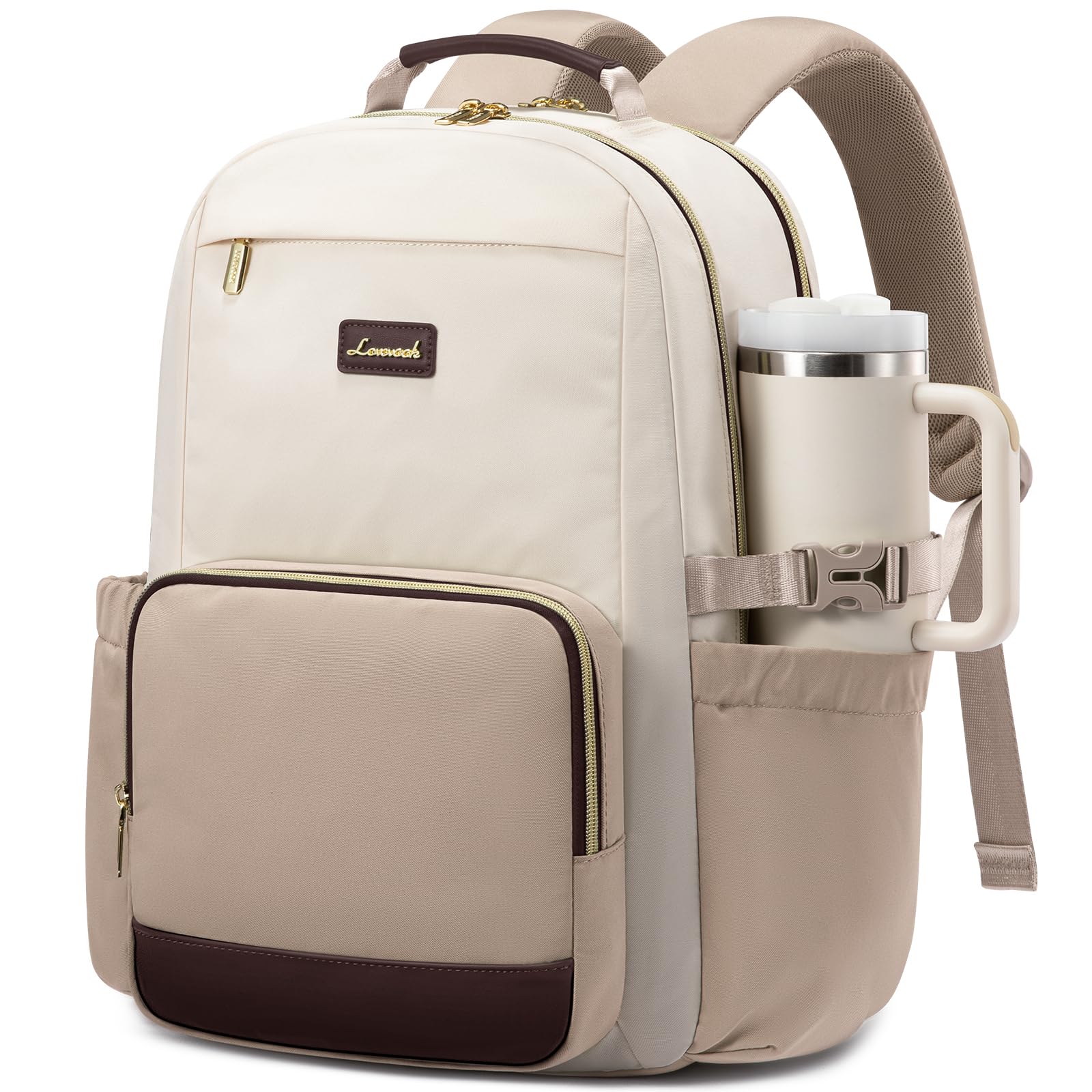LOVEVOOK Laptop Backpack for Women with Pouch Pocket for Large Capacity Cup,18 Inch Laptop Computer Bag Travel Backpack Purse,Waterproof Work Business College Teacher Backpack,Beige-Nude-Logam Plum