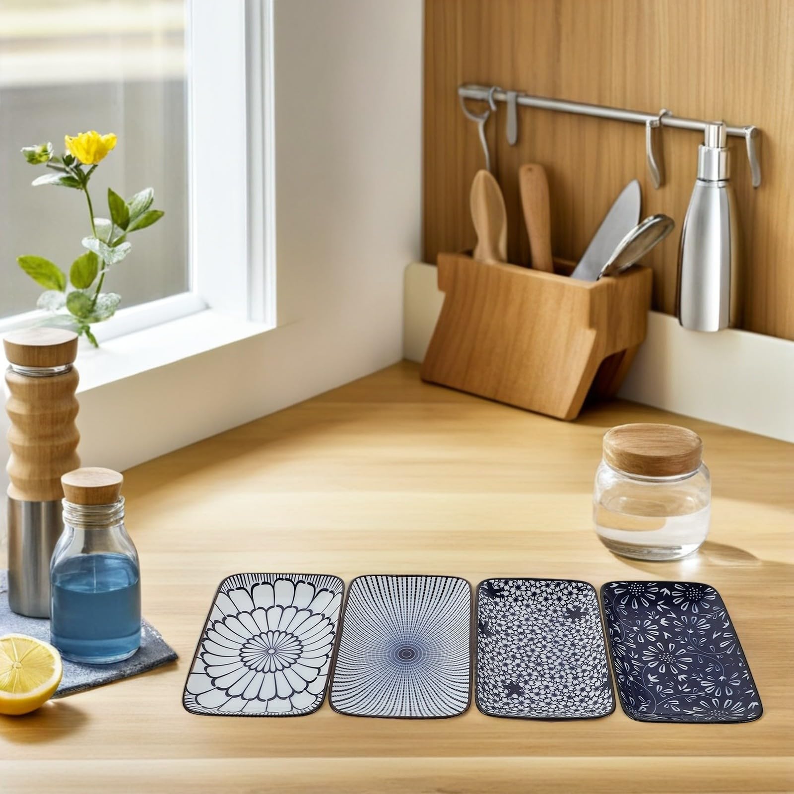 Assiettes de Service Rectangulaires en Céramique Japonaise Vintage, Lot de 4, Design Traditionnel Bleu, Résistantes aux Éclats, pour Dîners et Réceptions