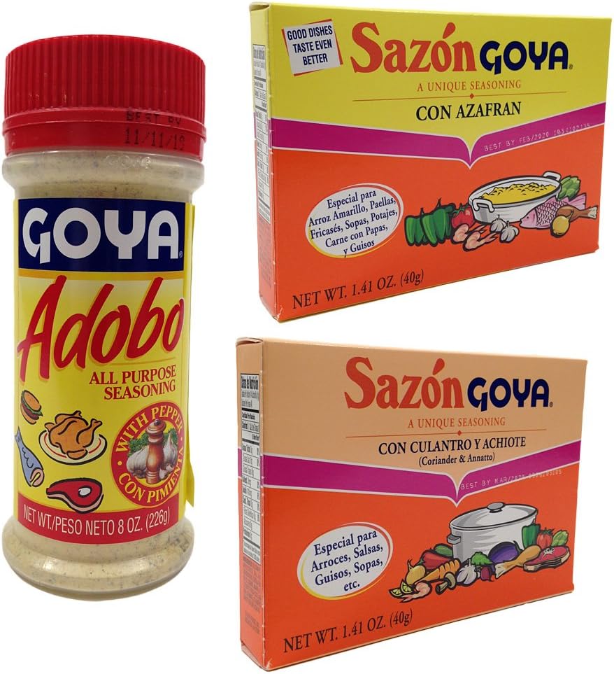 Chefs Secret Ingredient Goya All Purpose Seasoning Bundle With Adobo Pepper 8 Oz, Sazon Con Culantro Y Achiote 1.41 And Azafran Oz (3 Items)