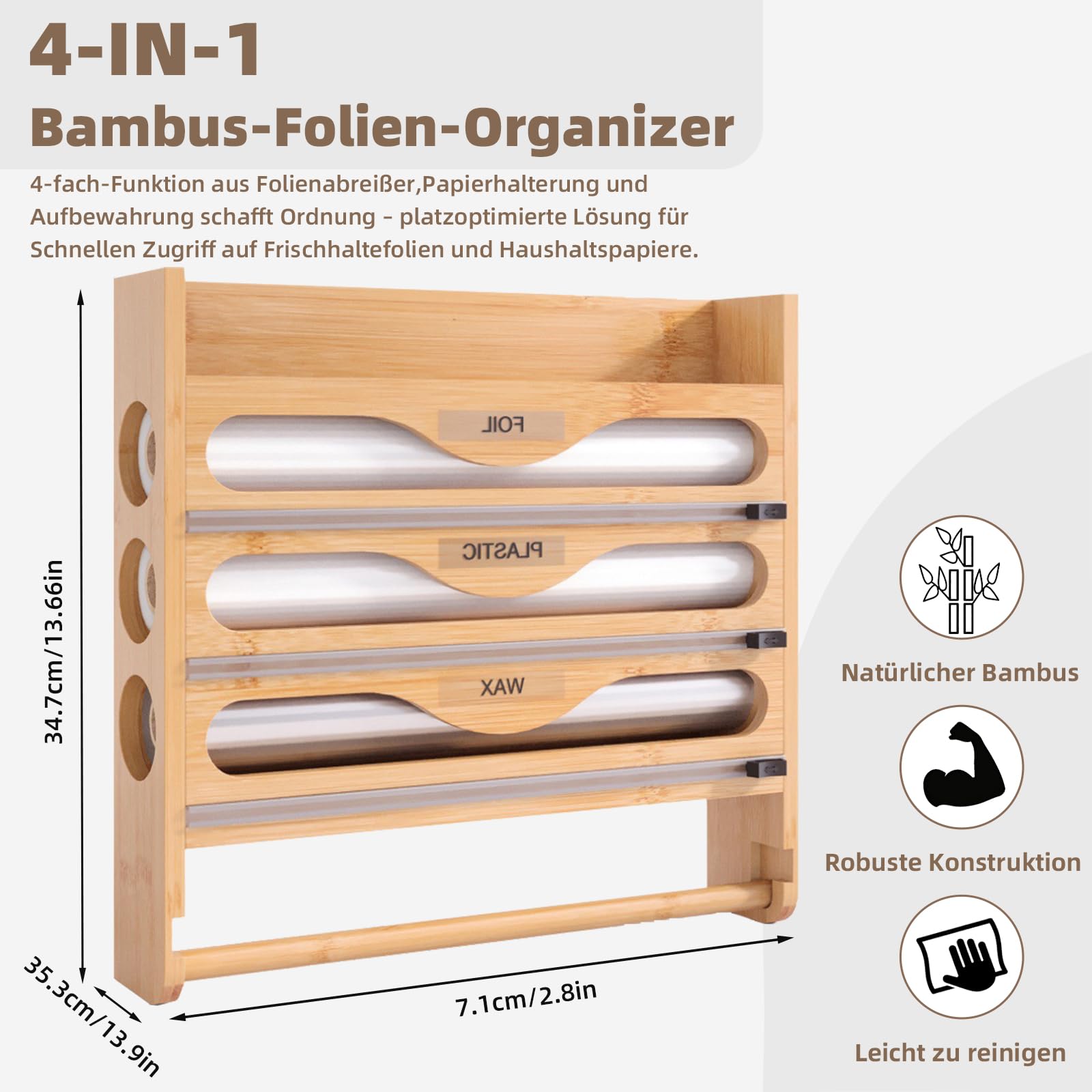Distributeur de Film Alimentaire 4 en 1 avec Support pour Essuie-Tout Organiseur Mural pour Papier Aluminium,Film Plastique et Papier Ciré,Rangement Polyvalent avec Rouleau-Holz