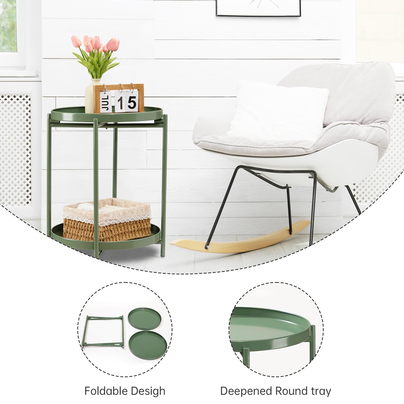 Mesa auxiliar de metal de 2 niveles con bandeja extraíble, mesa auxiliar plegable al aire libre, mesa auxiliar pequeña, mesa de noche verde antioxidante para dormitorio, balcón patio (verde oscuro) 4