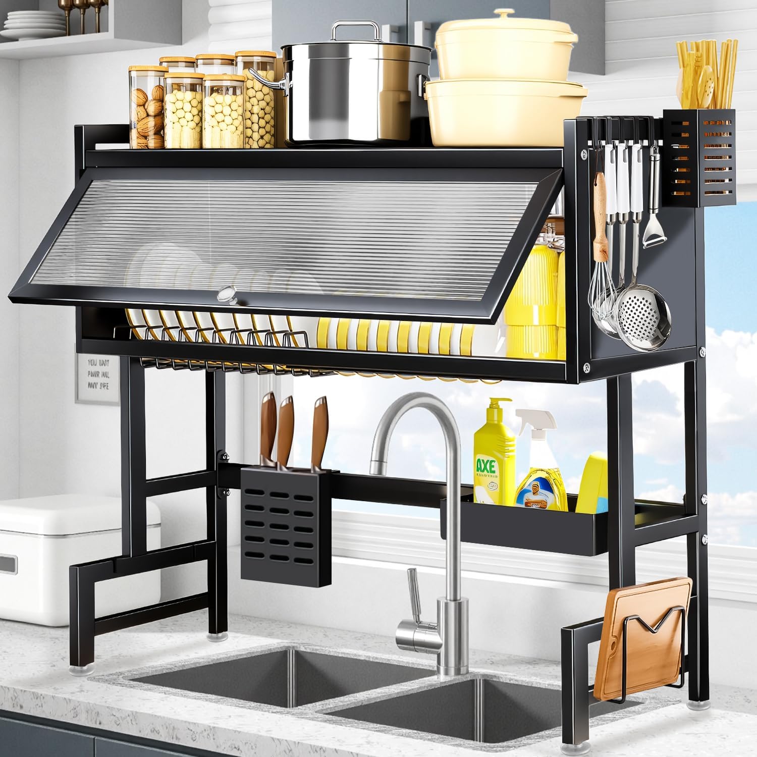 Over The Sink Dish Drying Rack 3 Tier with Cover.Space-Saving Dish Drainer Organizer for Dishes, Glasses, Bowls & Cutlery.Tidy Kitchen Counter Storage Solution