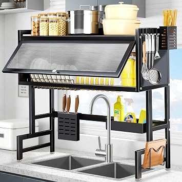 Over the Sink Dish Drying Rack 3 Tier with Cover, Space-Saving Dish Drainer Organizer for Dishes, Glasses, Bowls & Cutlery, Tidy Kitchen Counter Storage Solution