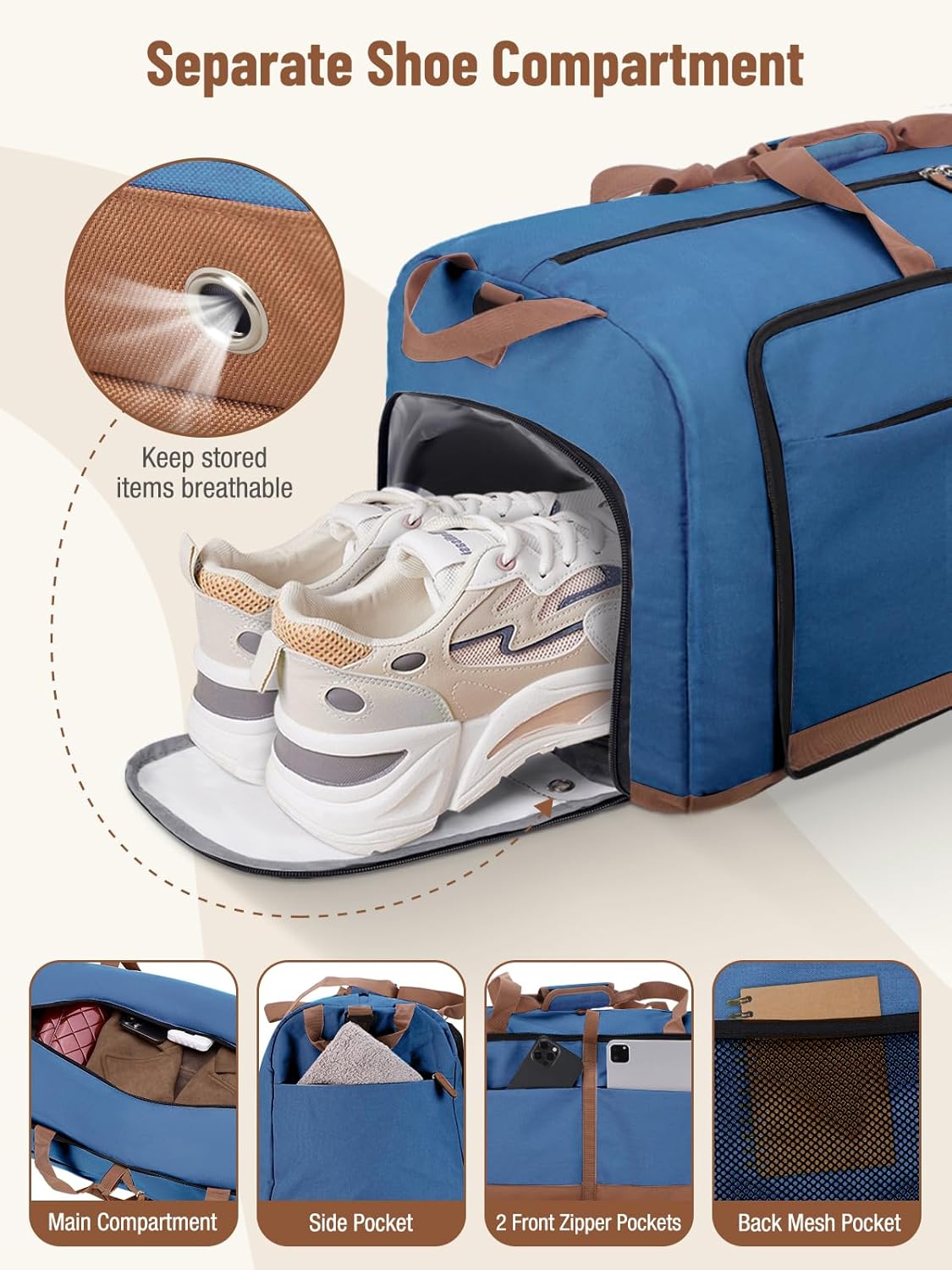 Lekesky Foldable Travel Duffel Bag for Women, 80L Large Duffle Bag with Separate Shoes Compartments & Straps, Carry On Weekend Bag for Women, Hospital, Overnight(Navy Blue) - Image 4