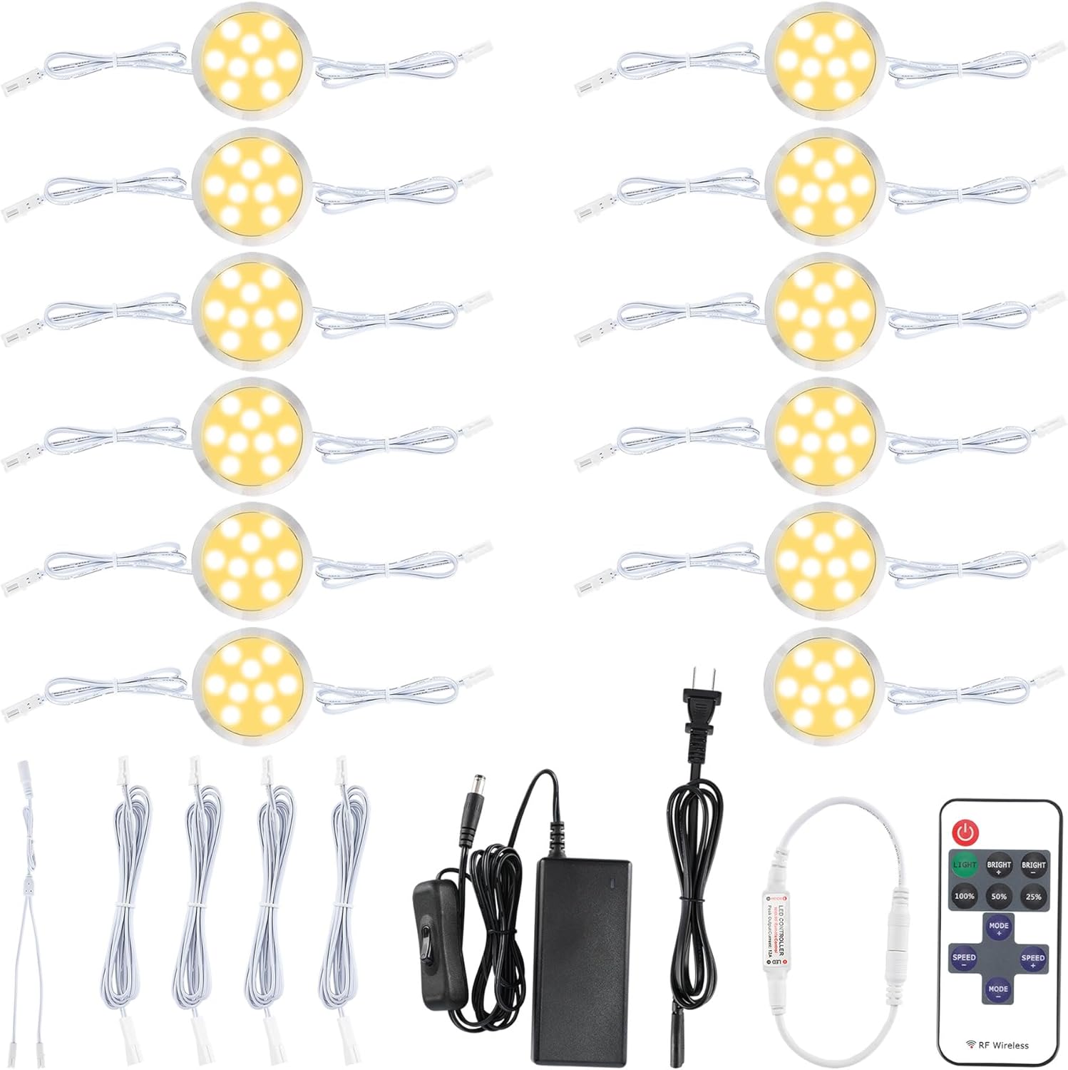 Curio Under Counter Lighting Hardwired, Linkable and Wireless Remote Control Dimmable Round LED Puck Lights Kit, 120V Wired Over Cabinet Kitchen Lighting Fixture, 12 Lights, Warm White