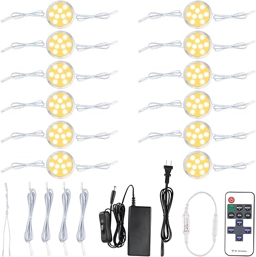 Curio - Kit de luces LED redondas regulables, cableadas, enlazables e inalámbricas, regulables y redondas, 120 V, con cable sobre gabinete, 12