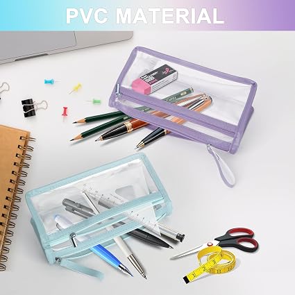 KAHOUI 2 astucci trasparenti in PVC per esami, astuccio trasparente a due strati, impermeabile, estetico, trasparente, adatto per bambini, adulti, insegnanti, viaggi d'affari, Blu e viola