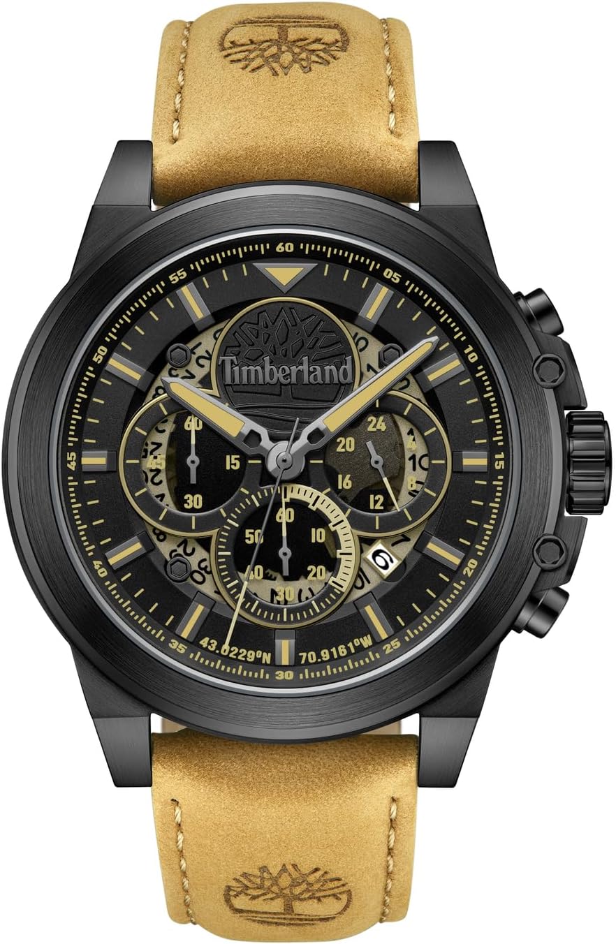 Timberland FAST STRIKE Chronograph Watch with black dial and tan leather strap