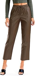 SANTINY Women's Faux Leather Pants High Waisted Straight Leg Cropped Ankle Trousers Vegan Matte Pleather Pants for Women