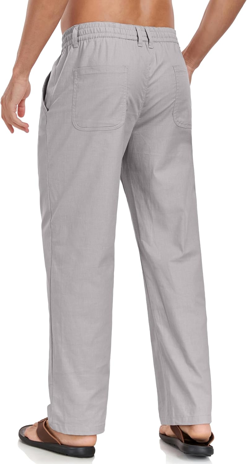 Boisouey Mens Casual Linen Pants Loose Fit Elastic Waist Drawstring Beach Summer Yoga Trousers