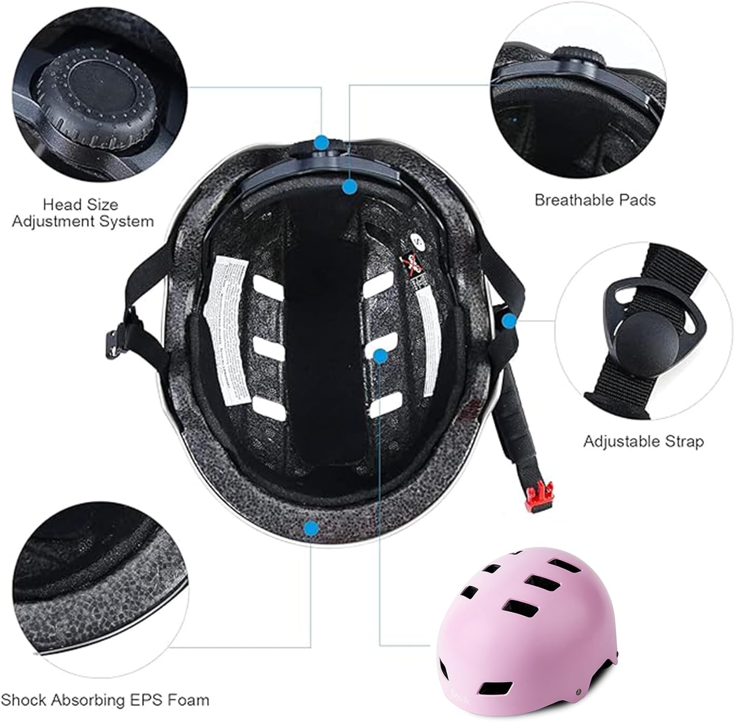 Bike Helmet 3 Sizes for Teenager Kids Youth Adults,Bavilk Skateboard Helmet Adjustable Multi-Sport Bicycle Cycling Scooter Roller Skate Inline Skating Rollerblading for Girls Boys Women Men Teen - Image 4