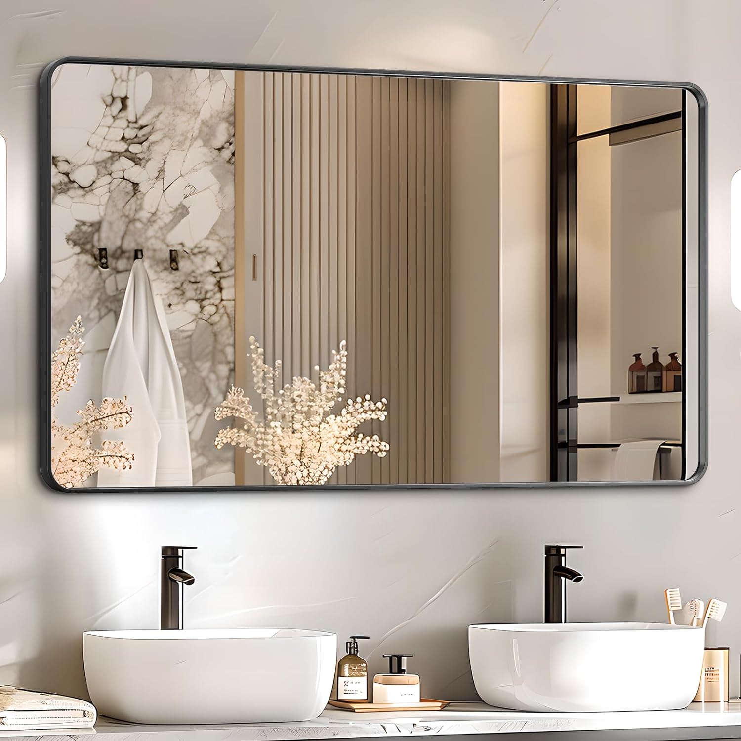 Bathroom Mirror 22x30 inch, Black Metal Deep Frame Wall Mirror, Modern Round Corner Rectangular Bathroom Vanity Mirror, Suitable for Bathroom, Bedroom, Living Room (Horizontal/Vertical)