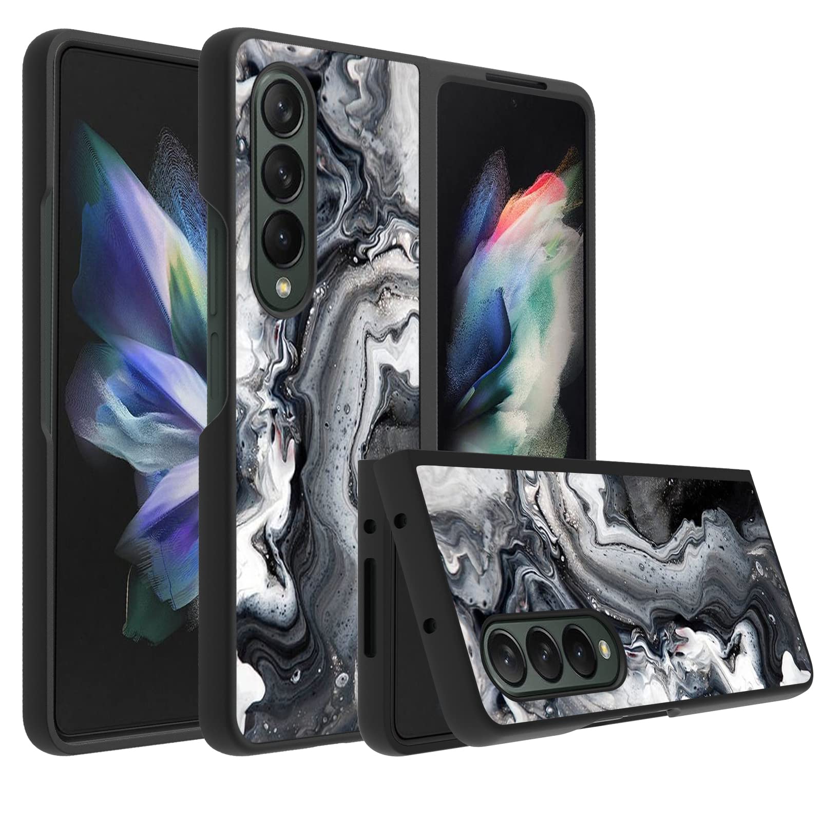 PERRKLD Compatible with Samsung Galaxy Z Fold 4 Case Black White Watercolor Marble Design Anti-Scratch + Non-Slip Shockproof Hard PC Protective Case for Z Fold 4 5G