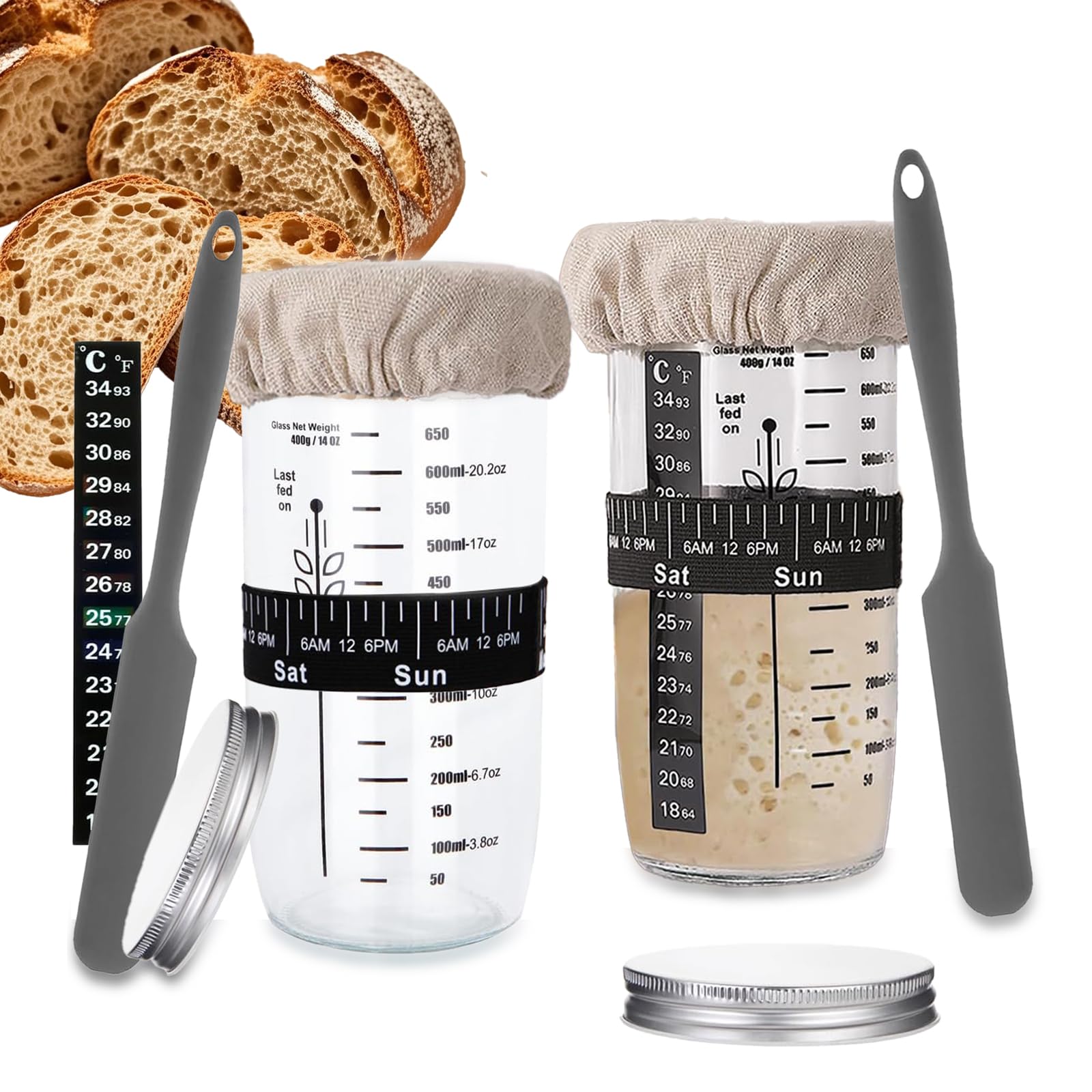 Hniuyun Clear 2Pack Sourdough Starter Kit With Thermometer & Scraper - 650Ml Wide Mouth Glass Jar, Reusable Baking Supplies With Cloth Cover & Metal Lid