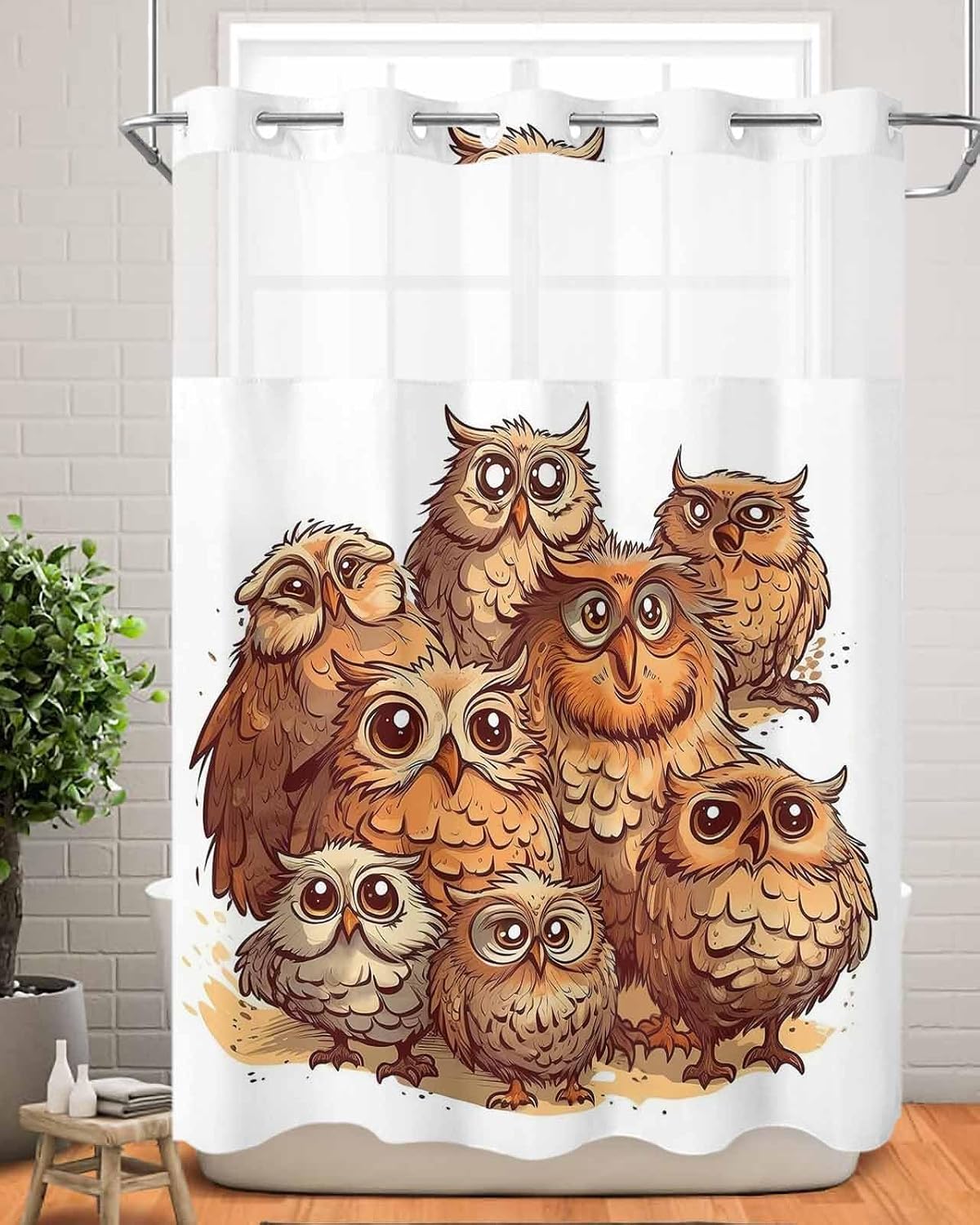 No Hook Shower Curtain with Snap in Liner Set Animal Owl Shower Curtains for Bathroom Waterproof Fabric Cute Owl Bath Curtain with See Through Mesh Top Window for Hotel Spa Decor 72x78 Inch