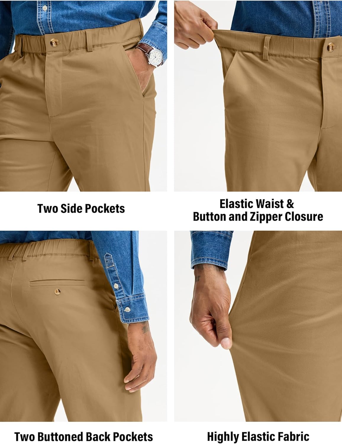 Comdecevis Men's Stretch Khaki Pants Elastic Waist Cotton Chino Pants Straight Fit - Image 5