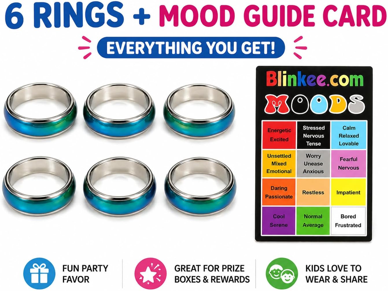 blinkee Mood Rings for Kids 6 Pack Color Changing Rings with Mood Guide Card Chart Party Favor Toys Birthday Goodie Bag Fillers Treasure Box Prizes for Girls Boys Sizes 5 6 7 8 9 10 image 5