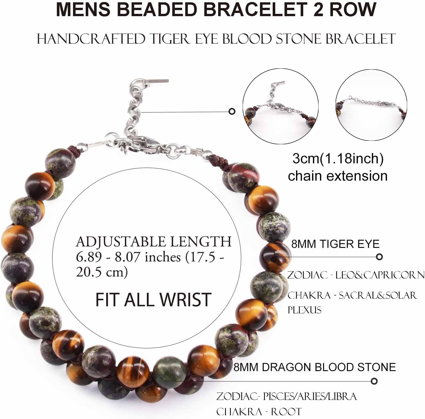 Authentic Tiger Eye Stone Bracelet for Men, Handmade Mens Bracelet Premium Tiger Eye Dragon Bloodstone Bead Bracelets Double Wrap, 7.5" Energy Tiger Eye Crystal Stone Jewelry for Men Women