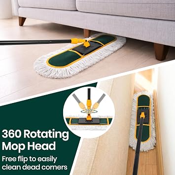 24 Inch Commercial Dust Mop for Floor Cleaning-Heavy Duty Dry & Wet Push Broom with 3 Washable Pads, 57 Handle & 360 Swivel Floor Duster for Hardwood, Laminate, Vinyl Floors & Warehouse