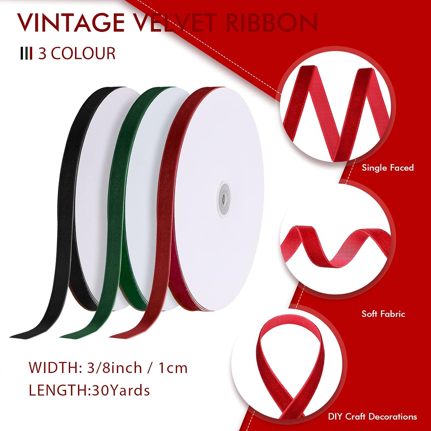 3 Rolls Christmas Velvet Ribbon Single Face Vintage Velvet Ribbon for Christmas Tree Wreaths Gift Wrapping Bows Decoration(3/8 in X 30 Yard,Wine Red, Dark Green, Black)