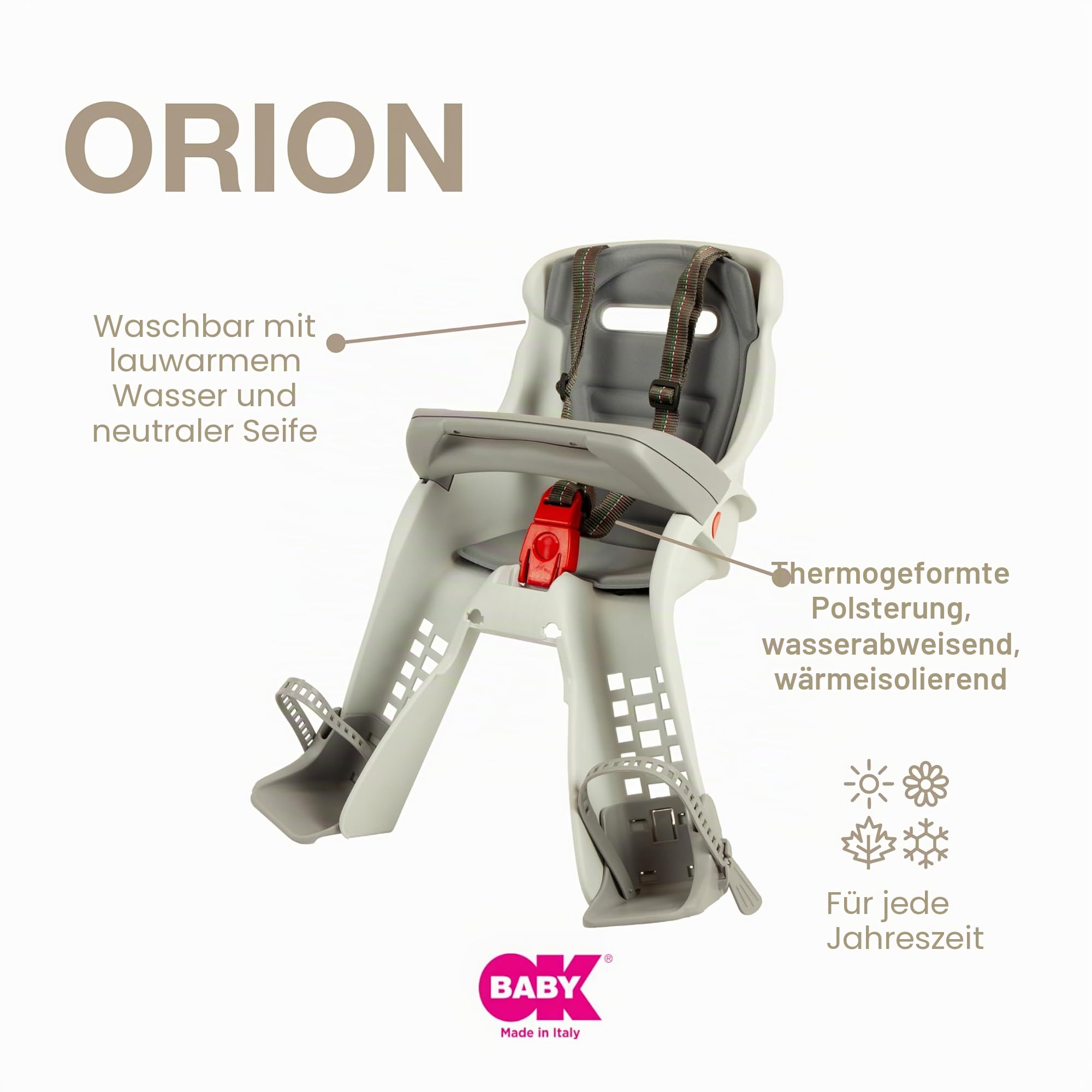 OKBABY Orion - Lenker-Kinderfahrradsitz - für Babys ab 7/8 Monaten (max. 15 kg) - Grau/Grau
