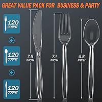 Vista 2 de Juego de 360 piezas de cubiertos de plástico plateado resistente, 120 tenedores, 120 cucharas, 120 cuchillos, cubiertos desechables plateados