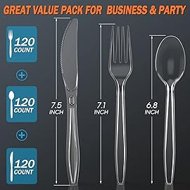 360 Count Plastic Silver Ware Heavy Duty, 120 Forks, 120 Spoons, 120 Knives, Heat Resistant & BPA Free Disposable SilverWare, Disposable Cutlery set, Premium Clear Utencils for Party Supply