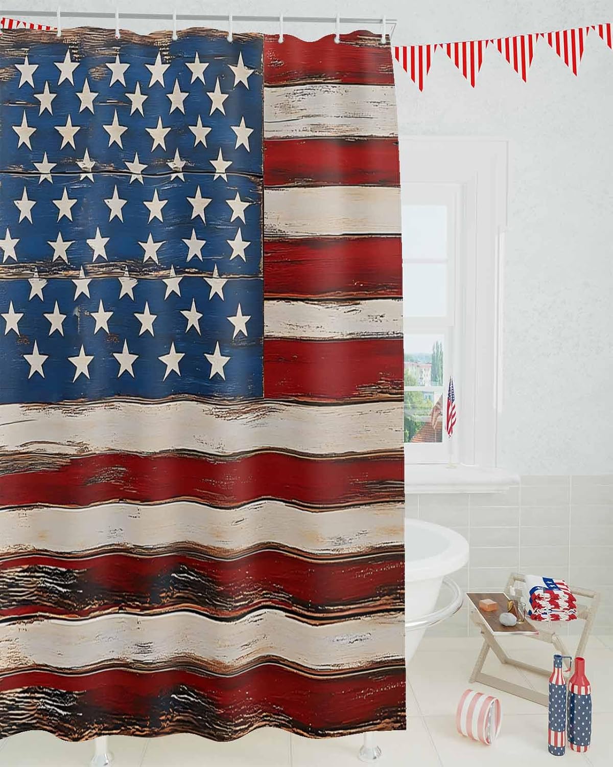 American Flag 4th of July Shower Curtain Vintage Wood Grain Farmhouse Patriotic Memorial Day Independence Day Bath Curtains with Hooks Waterproof 72x96 inch
