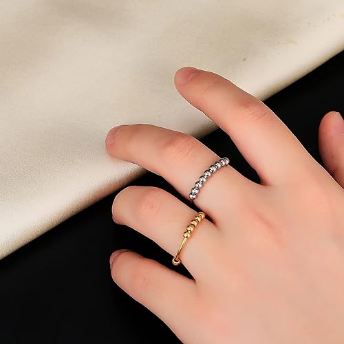 Miniatura 10 de Anillo de oro y plata para mujer, anillos antiansiedad para mujer, anillos para aliviar la ansiedad, tamaño 5-10 cuentas, anillo de ansiedad para