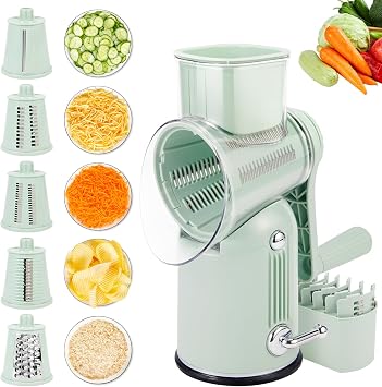 Rotary Cheese Grater with Handle 5-in-1 Cheese Grater Hand Crank, Strong Suction Base for Fruit Vegetables Nuts with Blade Storage Box Green