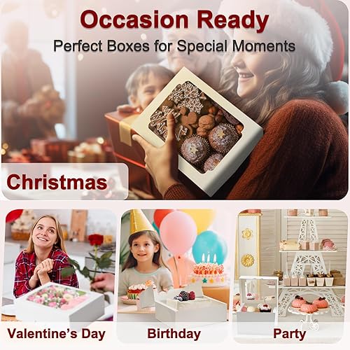 Miniatura 6 de Cajas de galletas de 8 pulgadas, 28 cajas de dulces de panadería con ventana, caja de pastelería de postre blanca para regalo, galletas, fresas