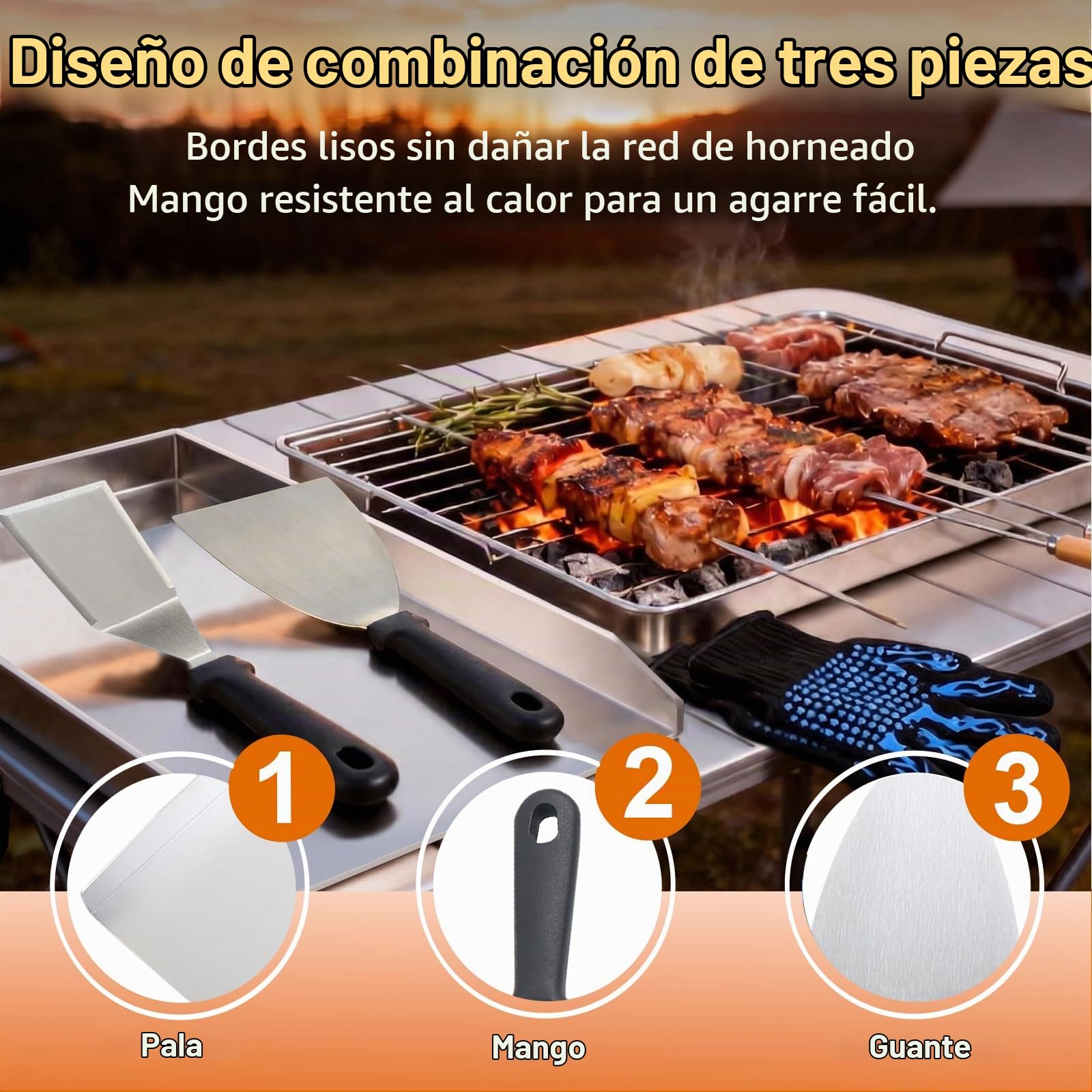 40 x 30 cm, plancha de acero inoxidable, plancha de 2 mm de grosor, con 2 espátulas de parrilla y guantes de protección de alta temperatura, juego de plancha para barbacoa de gas y carbón