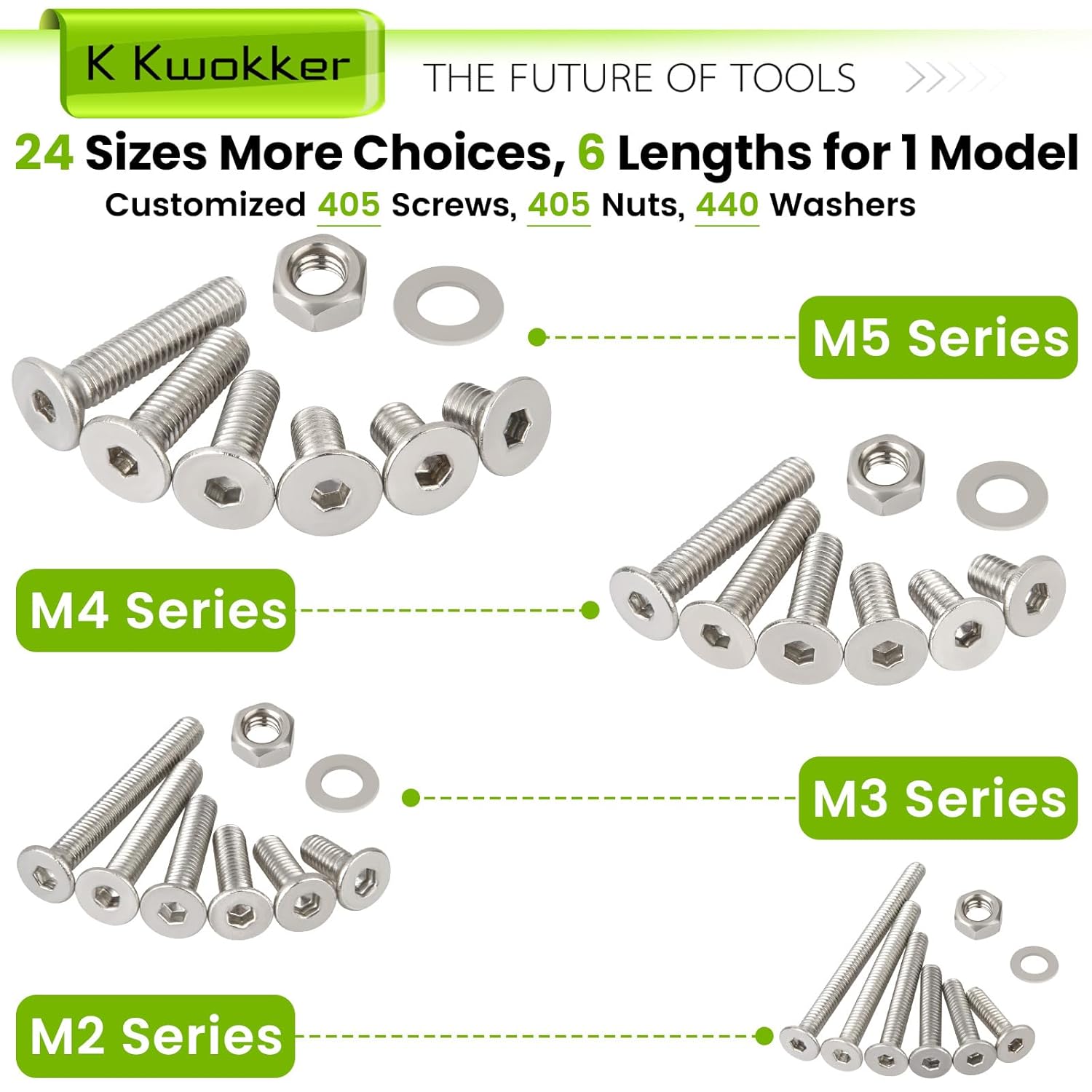 24 Sizes M2 M3 M4 M5 Hex Socket Flat Head Screw Bolts and Nuts Kit, 8MM to 25MM 304 Stainless Steel Nuts and Bolts Assortment Kit Silver Metric Machine Screws 8mm 10mm 12mm 16mm 20mm 25mm image 4 of 8 B0B975JT77