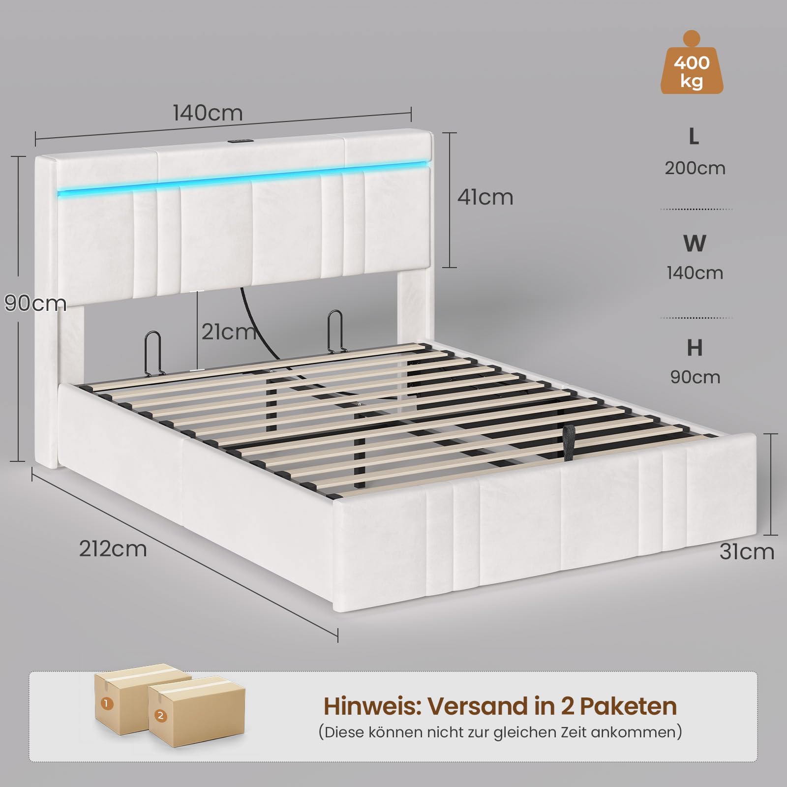 AOGLLATI Polsterbett 140×200 mit Stauraum Jugendbett 140×200 mit Steckdosen und LED-Beleuchtung, 30cm Hydraulischer Stauraum, Bettgestell mit Lattenrost aus Holz, Edler Samtstoff (Beige,140x200cm)