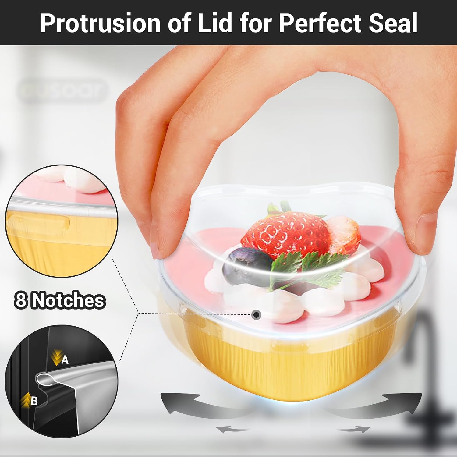 EUSOAR Heart Shaped Baking Pans, 3.4oz 50pcs Aluminum Foil Cupcake Baking Cups with Lids, Valentines Day Gifts, Pie Ramekins Desserts Flans, Custard Cake Pudding Jello Cups, Wedding Party -Gold